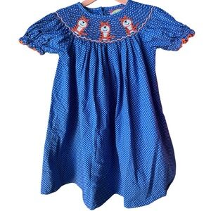 Toddler Girls Smocked Embroidered Blue White Tiger Dress 2T
